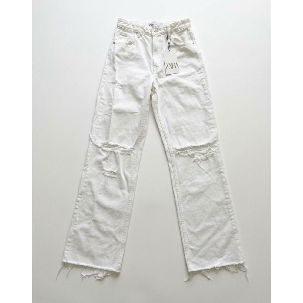 Zara New With Tag High Rise Wide Leg Distressed White Jeans Size 4